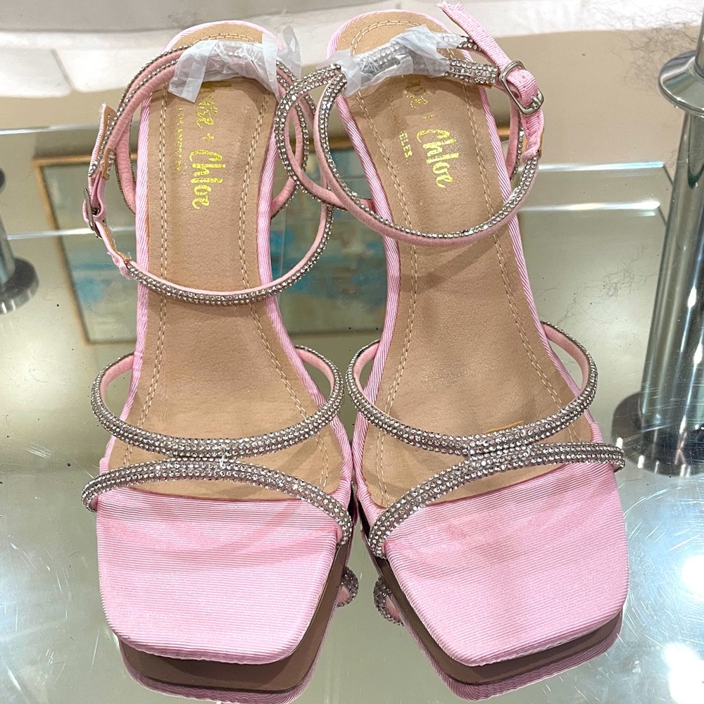 NIB Chase & Chloe ballet pink satin silver rhinestone toestrap ankle strap heels